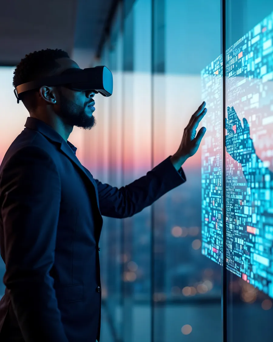 A man in a virtual reality headset reaching out to a wall of glowing data.